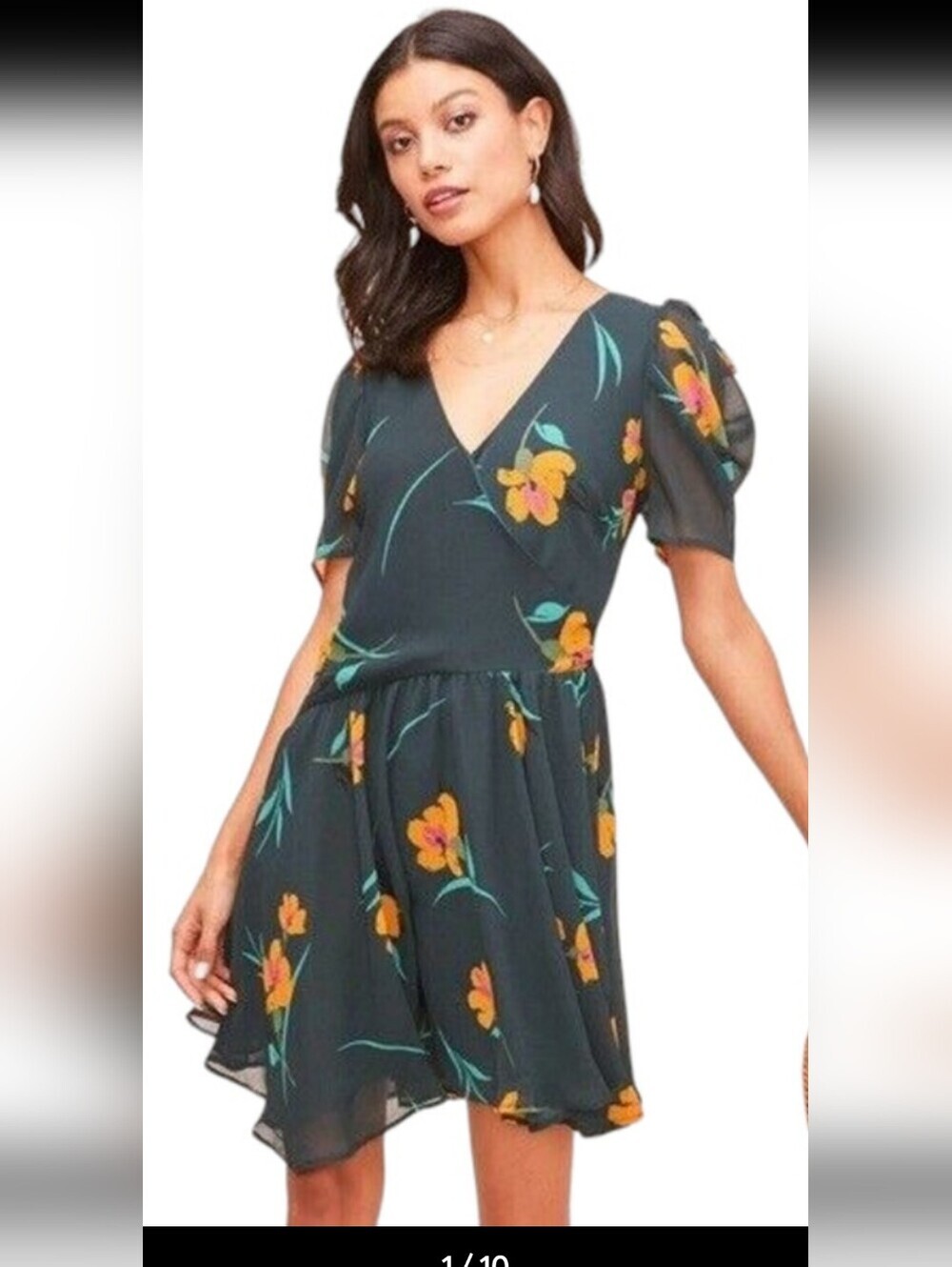 Astr Floral V-Neck Mini Dress in Dark Teal with Yellow Blooms Size S.